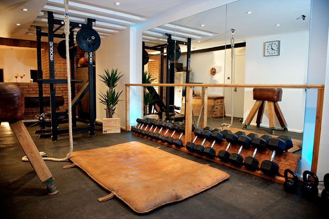A gym with a lot of dumbbells and a rope swing.
