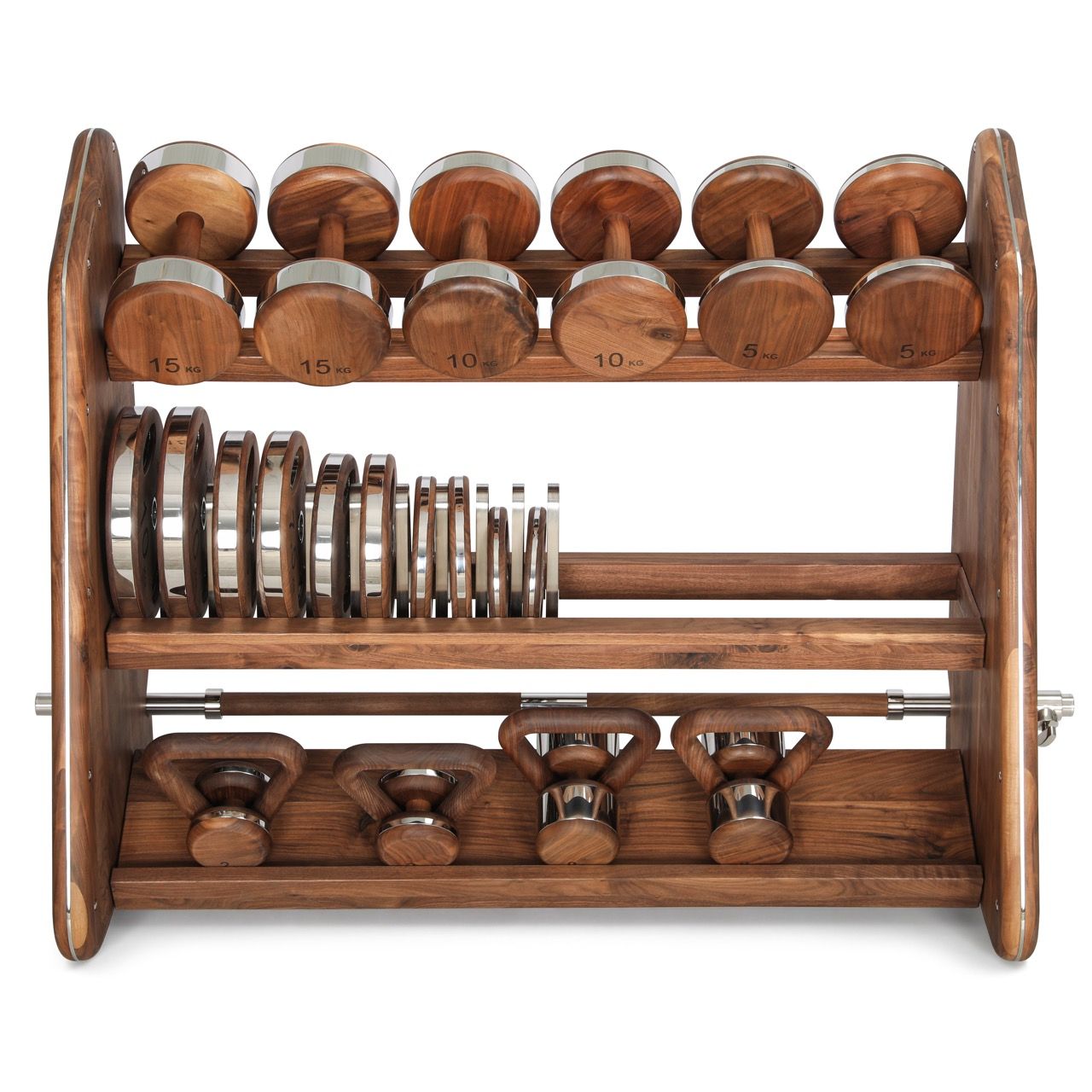 A wooden three-tier fitness rack holds matching sets of wood-and-chrome dumbbells, weight plates, and four kettlebells.