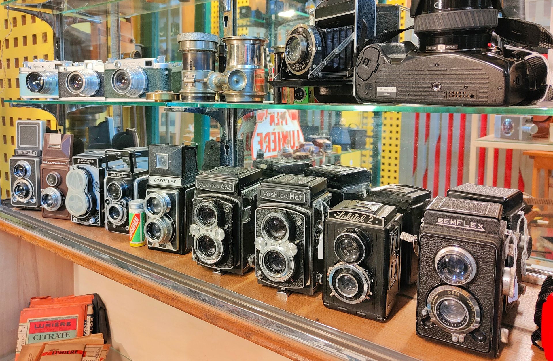 Vitrine chez un antiquaire remplie d'appareils photos argentiques anciens de marques diverses