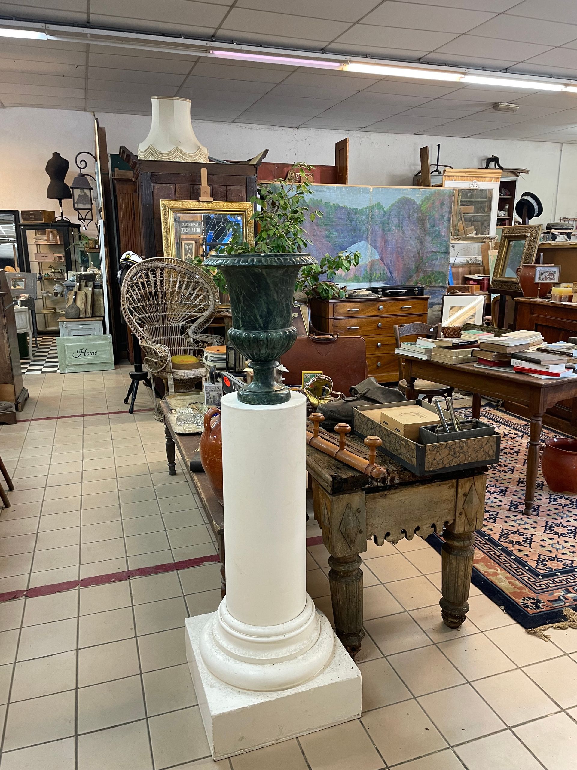 Colonne blanche avec pot à fleur en fer sombre au milieu d'un espace d'antiquaire avec tables et livres dessus