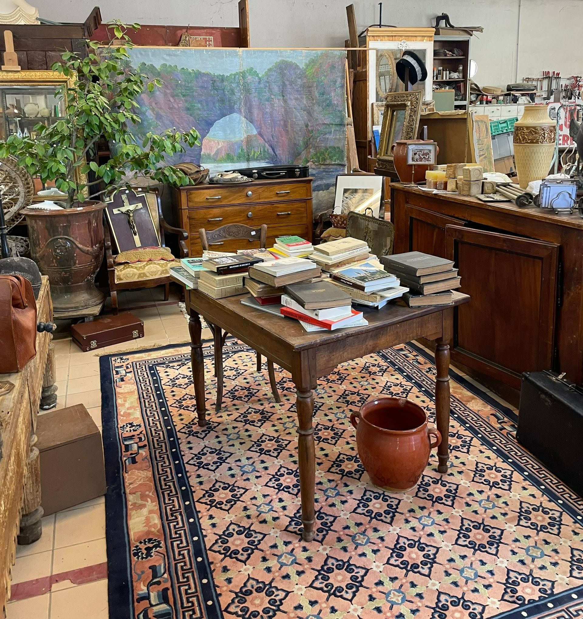 L'espace Librairie d'un antiquaire composé de meubles en bois tout autour d'une table en bois contenant des livres anciens