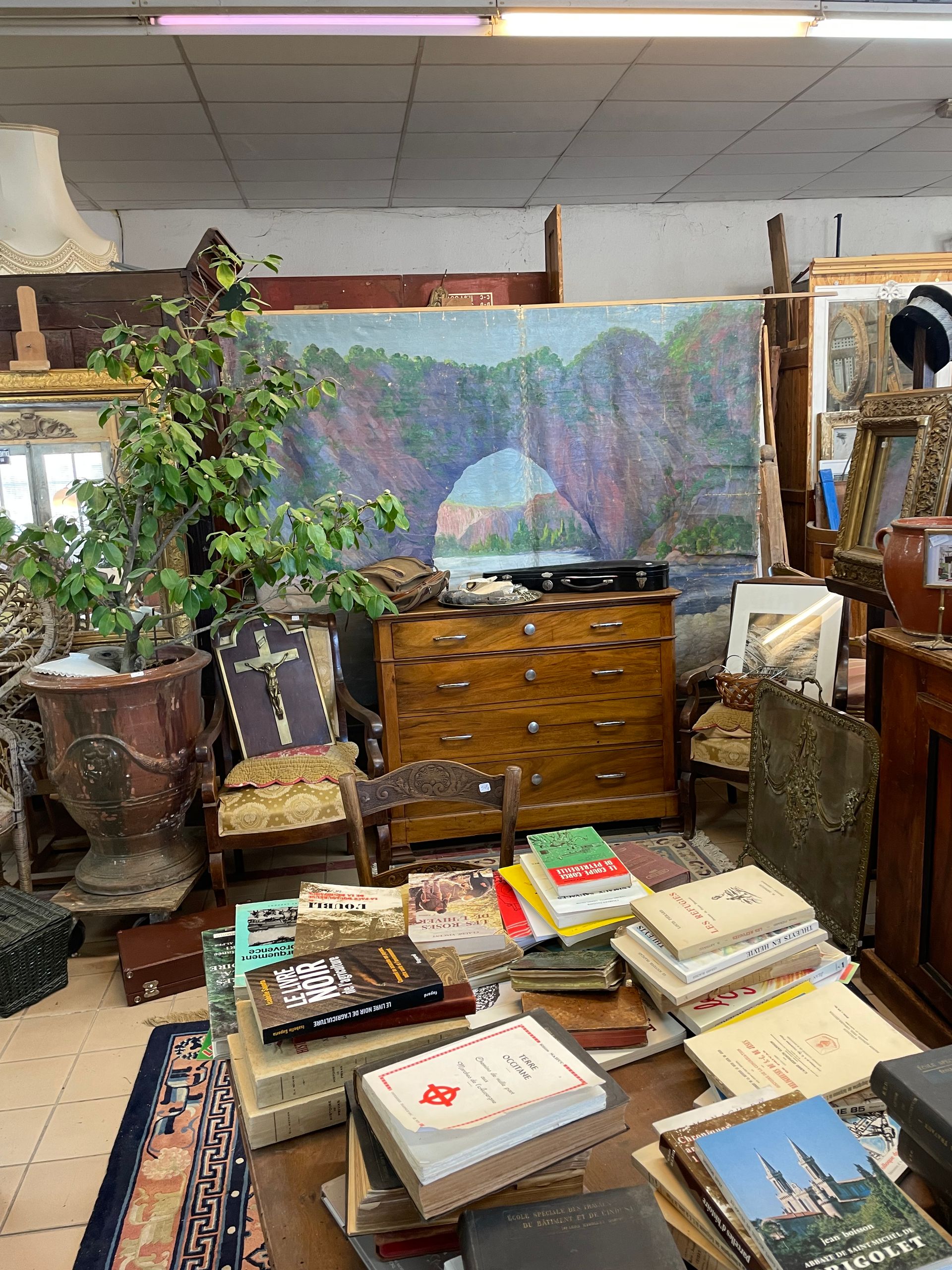 Table basse chez un antiquaire sur laquelle reposent des livres avec derrière un meuble en bois et une tapisserie décorative