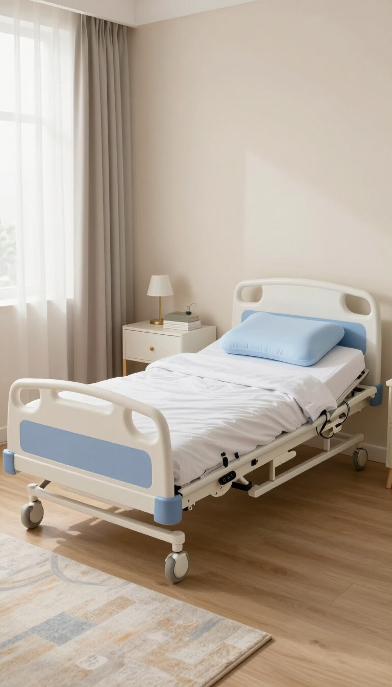 Cama de hospital en una habitación luminosa con sábanas blancas, manta azul y mesita de noche cerca de una ventana.