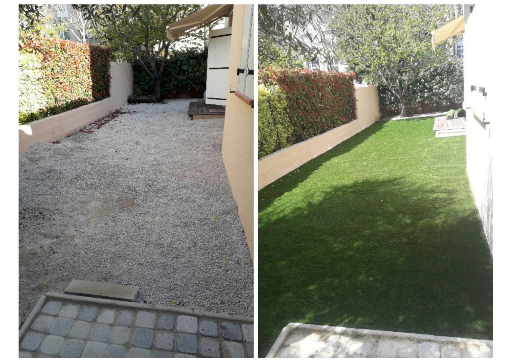 Installation de gazon synthétiques avant et aprés