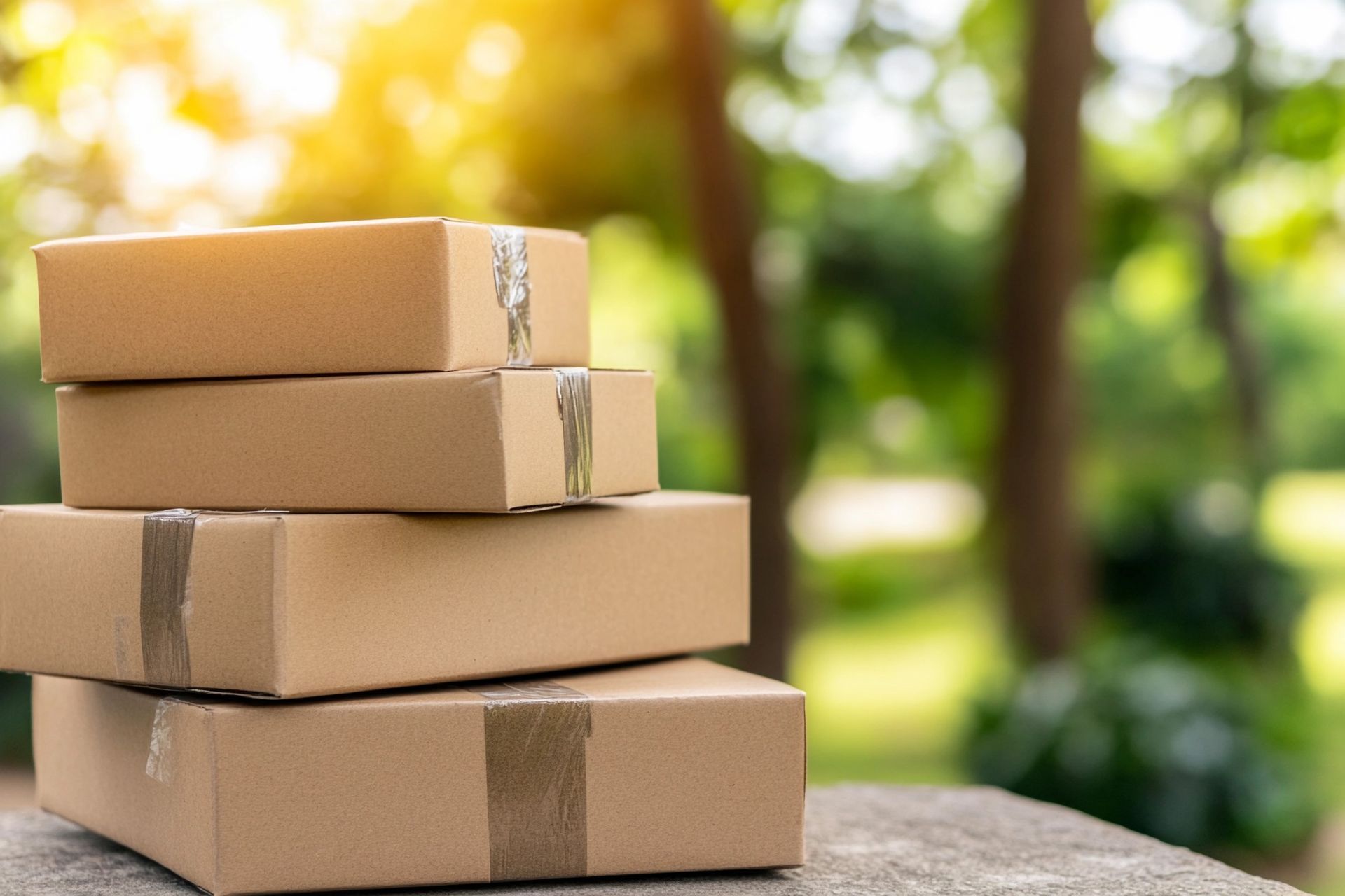 Pile de cartons sur une surface en béton, avec un arrière-plan extérieur vert flou.