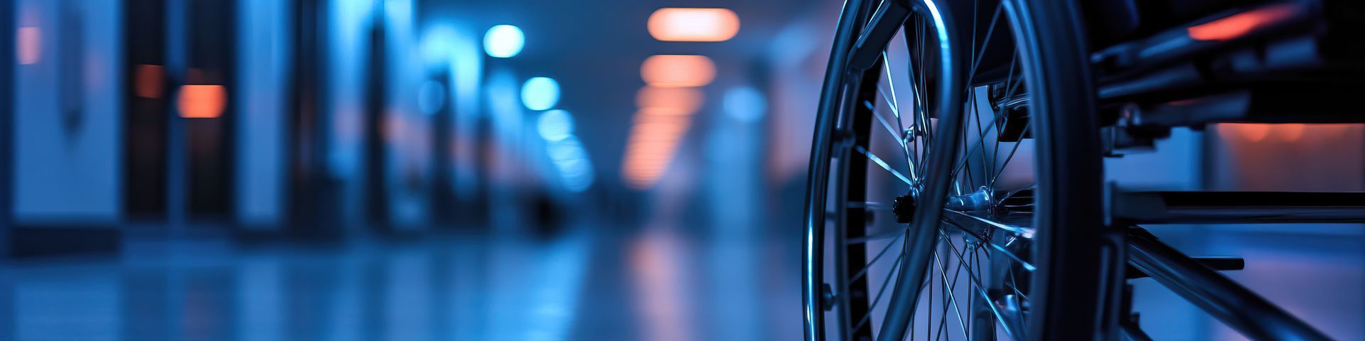 Gros plan sur une roue de fauteuil roulant avec un couloir flou en arrière-plan, éclairé par une lumière bleue et orange.