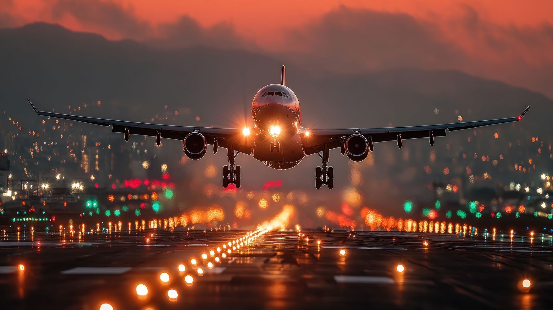 Atterrissage d'un avion de nuit, piste illuminée et lumières de la ville en arrière-plan.