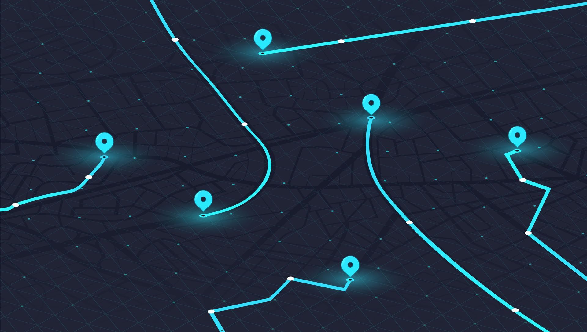 Des lignes bleu néon avec des épingles sur fond sombre.