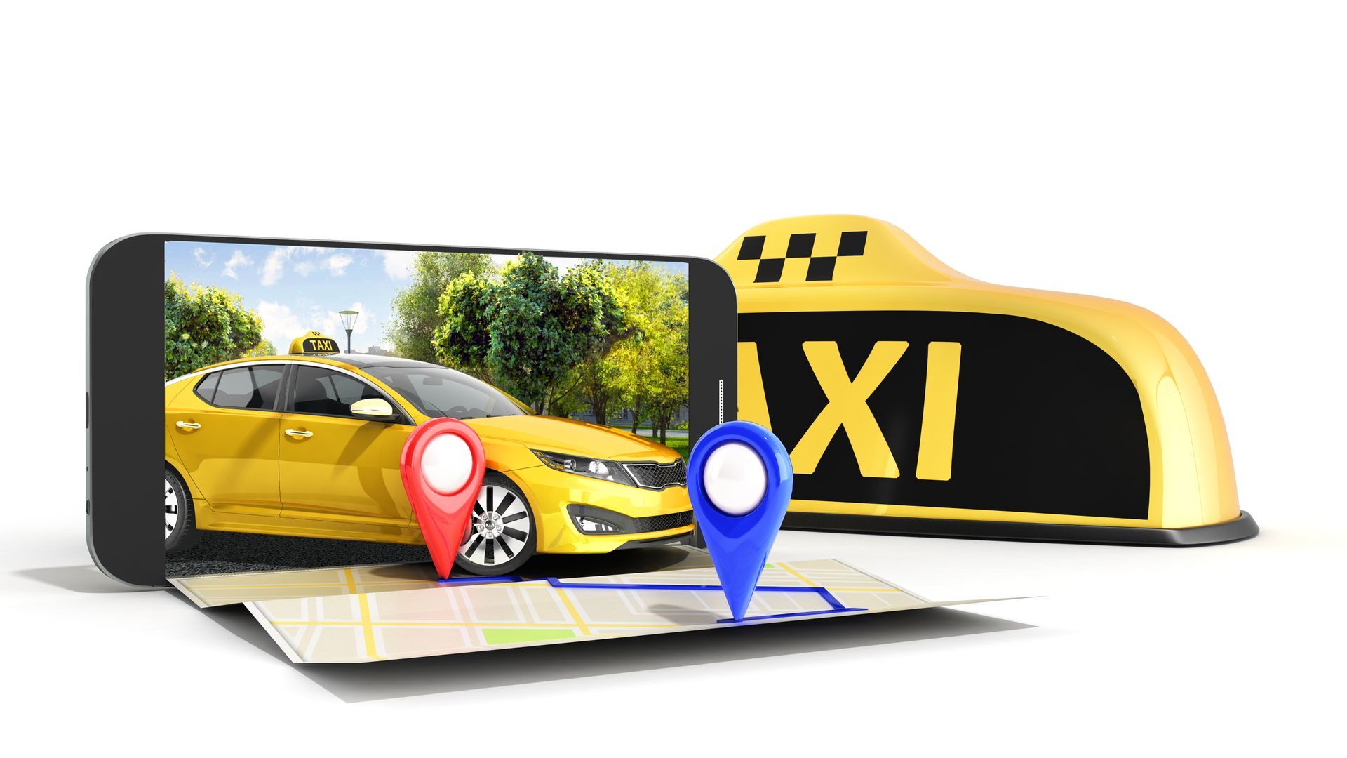 Smartphone avec interface d'application de taxi affichant une voiture jaune, une carte avec des marqueurs de localisation et un panneau de taxi.
