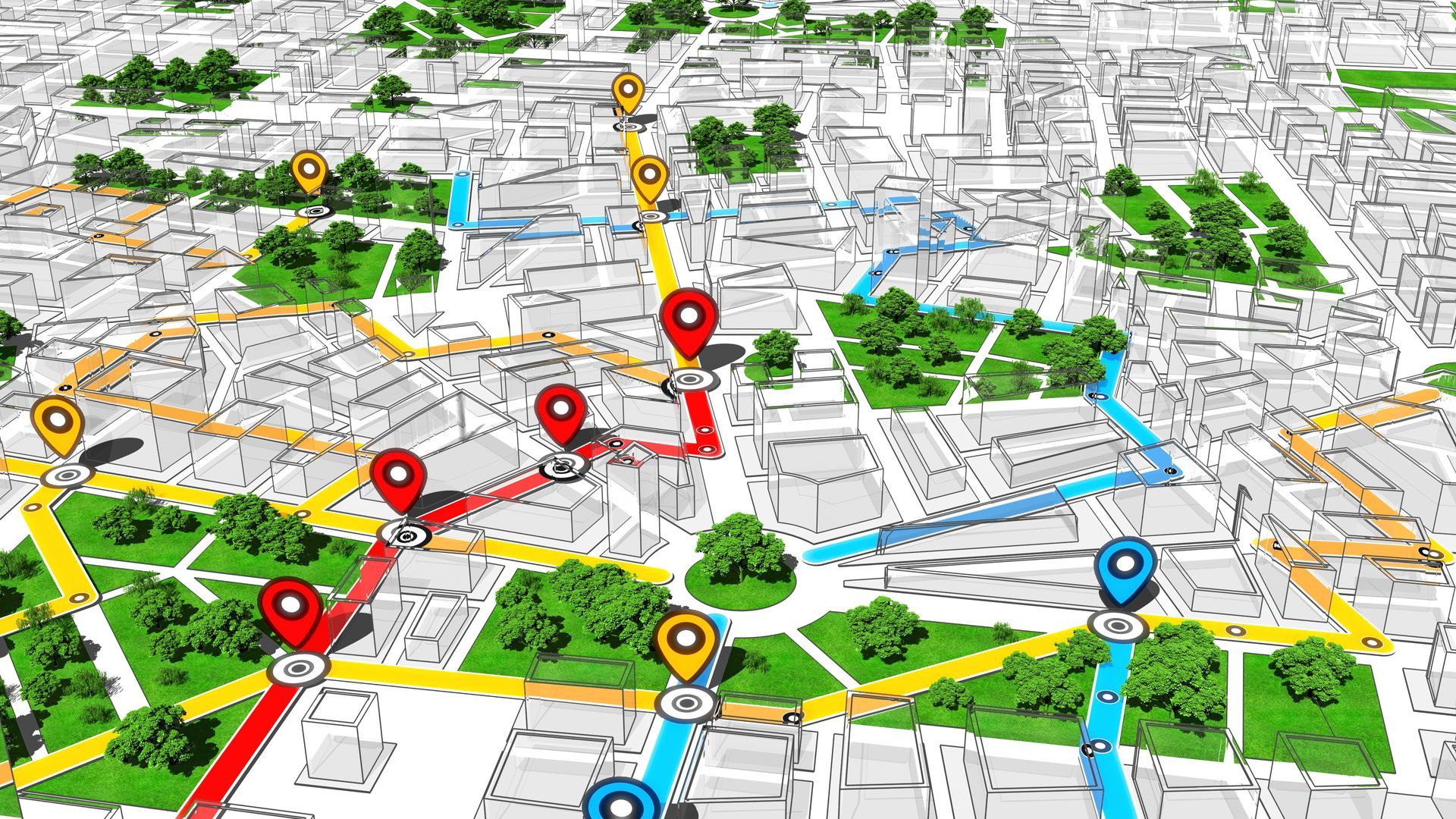 Carte aérienne avec itinéraires mis en évidence. Des lignes rouges, jaunes et bleues relient des repères sur une carte de la ville esquissée, parsemée de parcs verts.