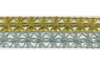 Dos tiras de adorno, una de color verde oliva y otra de color gris azulado, cada una con un dibujo en forma de flor.