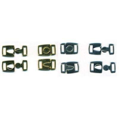 Surtido de cierres de cordón de plástico negros y dorados con formas variadas, para asegurar cordones.