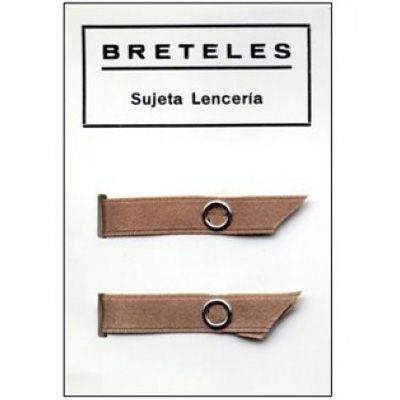 Dos tiras de lencería de color marrón con anillas metálicas sobre una cartulina blanca.