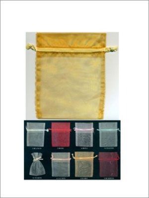 Bolsa de regalo con cordón dorado y ejemplos en varios colores debajo.