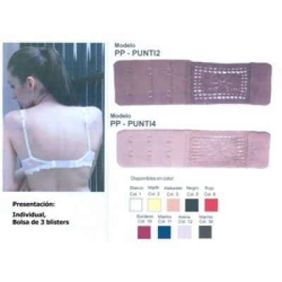 Mujer que lleva un sujetador blanco, con extensores de sujetador y muestras de color.