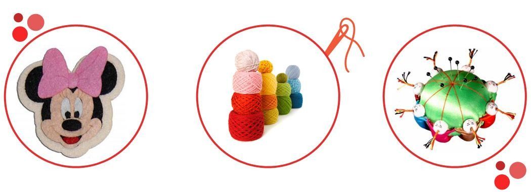 Tres imágenes redondas: Minnie Mouse, hilo de colores y un alfiletero con alfileres.