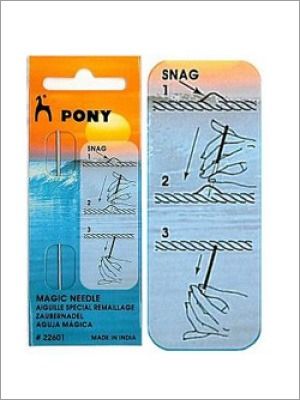 Paquete de agujas Pony "Magic Needle" con instrucciones para arreglar enganches en la tela.