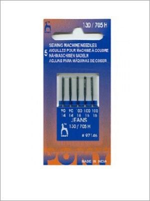 Tarjeta azul y naranja de cinco agujas para máquina de coser para cuero, con indicadores de tamaño.