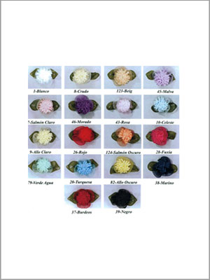 Muestras de color de pequeñas flores sobre hojas verdes, con etiquetas como "Blanco", "Morado" y "Marino".