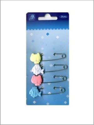 Tarjeta de cuatro imperdibles decorativos con formas de animales de colores.