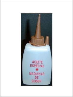 Botella de aceite blanca con tapa y boquilla marrones, etiquetada "Aceite Especial Maquinas de Coser".