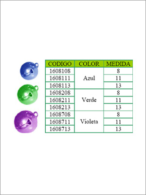 Tabla con códigos de campana, colores (azul, verde, morado) y medidas (8, 11, 13).