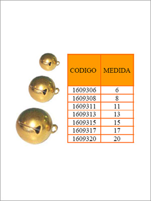 Campanas de latón de distintos tamaños con tabla de códigos y medidas.