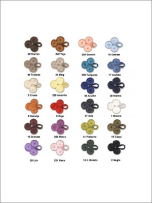 Tabla de colores de varios cierres de botón de palanca en tonos de marrón, azul, rosa y más.