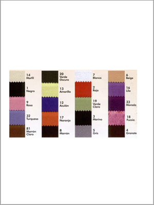 Muestras de color con nombres y números de colores en español.