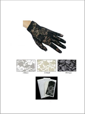 Guantes de encaje negro y tres muestras de color de tela: blanco, beige y gris con motivos florales.