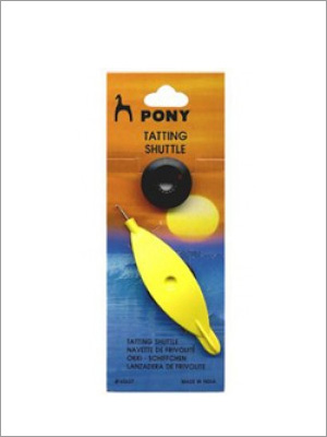 Embalaje para lanzadera de frivolité de color amarillo y negro, marca Pony.