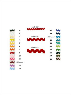Muestras de color de cintas onduladas, numeradas del 1 al 26, con los estilos Art. 427, Art. 423 y Art. 453 mostrados.