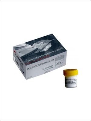 Caja y vial de polvo medicinal, etiquetados como "Polvo Ternoide S/V". Caja blanca con tapa amarilla.