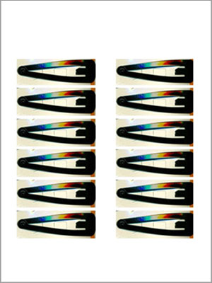 Conjunto de pinzas para el cabello de color negro, con barras iridiscentes de colores, dispuestas en dos columnas.