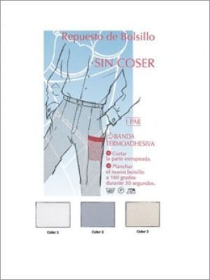 Diagrama que muestra a un hombre con pantalones, instrucciones para aplicar un reemplazo de bolsillo termoadhesivo y muestras.