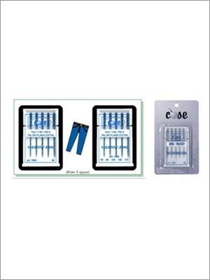Agujas de coser para denim con icono de jeans y agujas empaquetadas.