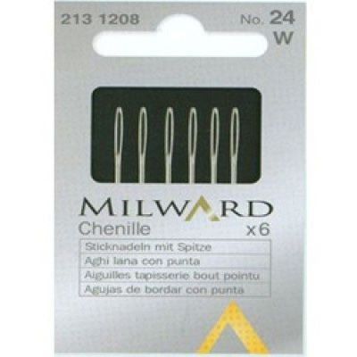Paquete de seis agujas Chenille Milward, tamaño 24. Tarjeta plateada con agujas blancas.