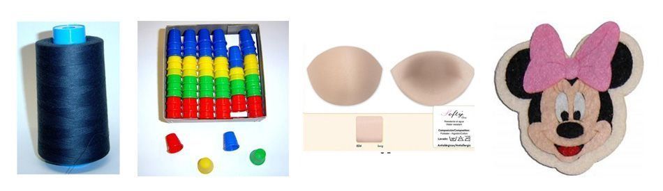 Carrete de hilo azul, copas apilables de colores, copas de sujetador beige y aplique de Minnie Mouse.