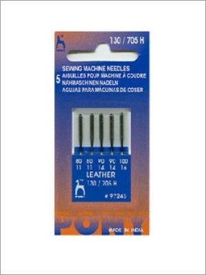 Tarjeta azul y naranja de cinco agujas para máquina de coser para cuero, con indicadores de tamaño.
