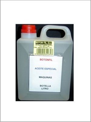 Botella de aceite blanca con tapa y boquilla marrones, etiquetada 