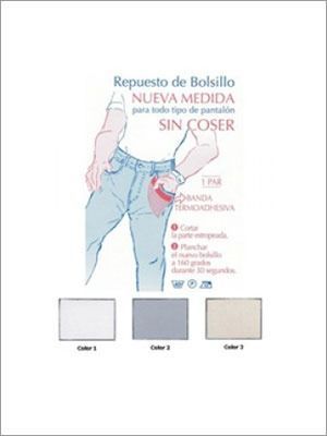 Diagrama que muestra a un hombre con pantalones, instrucciones para aplicar un reemplazo de bolsillo termoadhesivo y muestras.