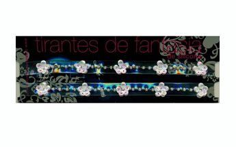 Dos filas de tirantes de sujetador decorativos en forma de flores sobre un fondo negro con texto.