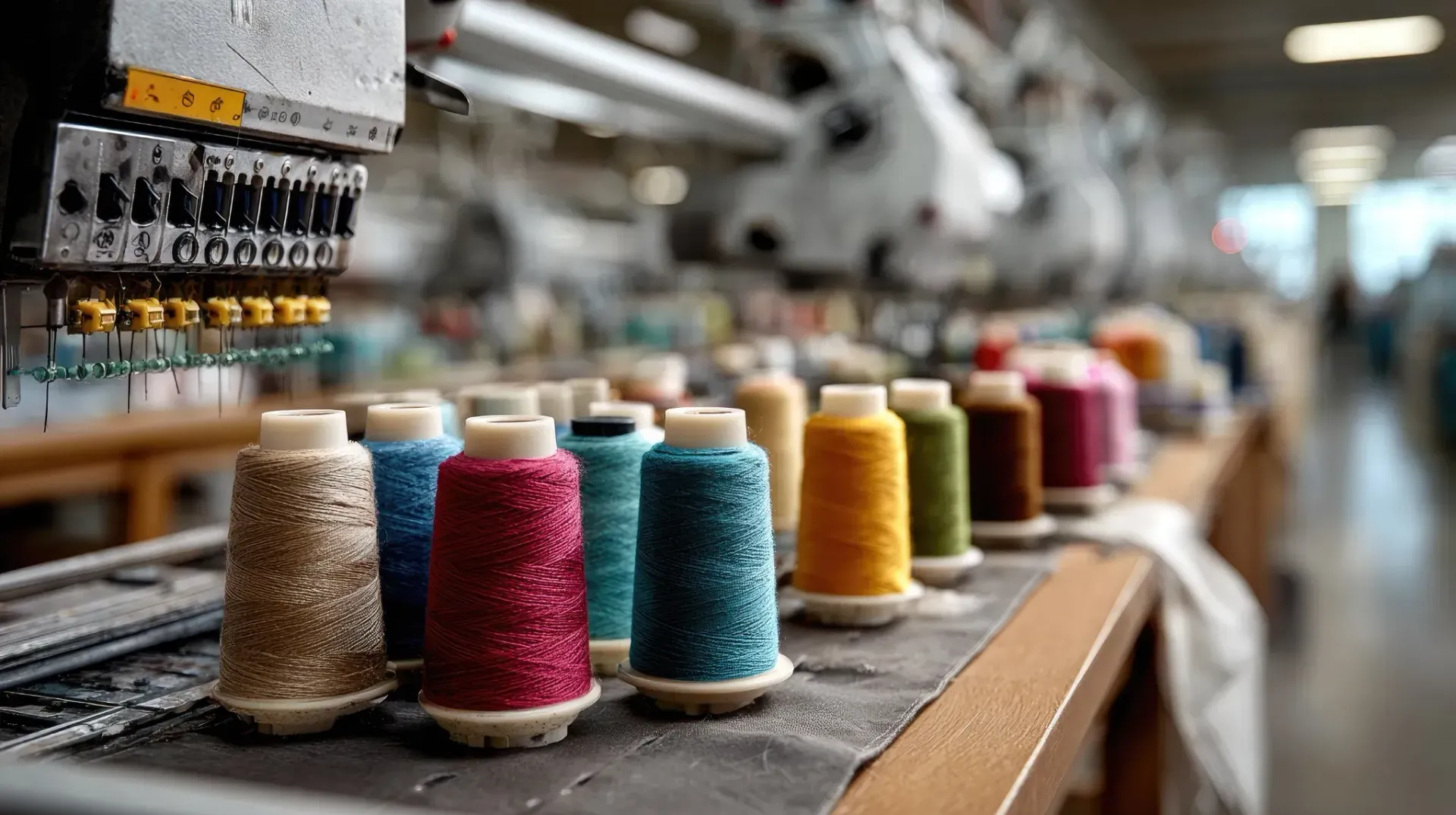 Carretes de hilo de colores sobre una mesa delante de una máquina de bordar en una fábrica.