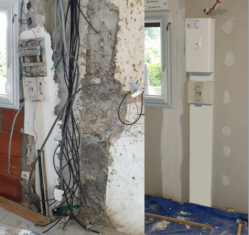 Vue en deux parties montrant une pièce en rénovation avec des câbles apparents et des murs endommagés à gauche, et un mur fini à droite.