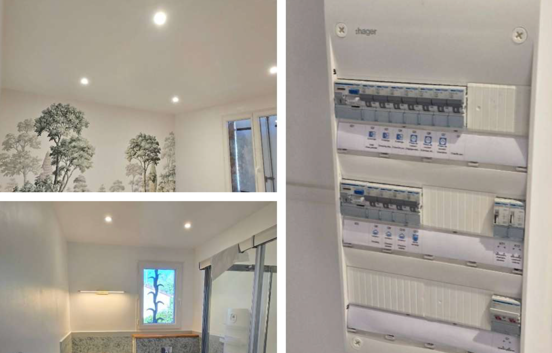 Un collage de pièces intérieures avec des spots encastrés au plafond et un tableau électrique mural à plusieurs disjoncteurs.