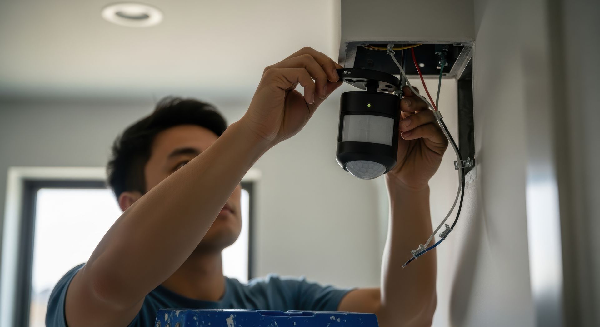 Une personne installe un luminaire mural intérieur équipé d'un détecteur de mouvement noir.