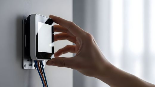 Une main installe un thermostat intelligent sur une plaque murale avec des fils de couleur visibles.