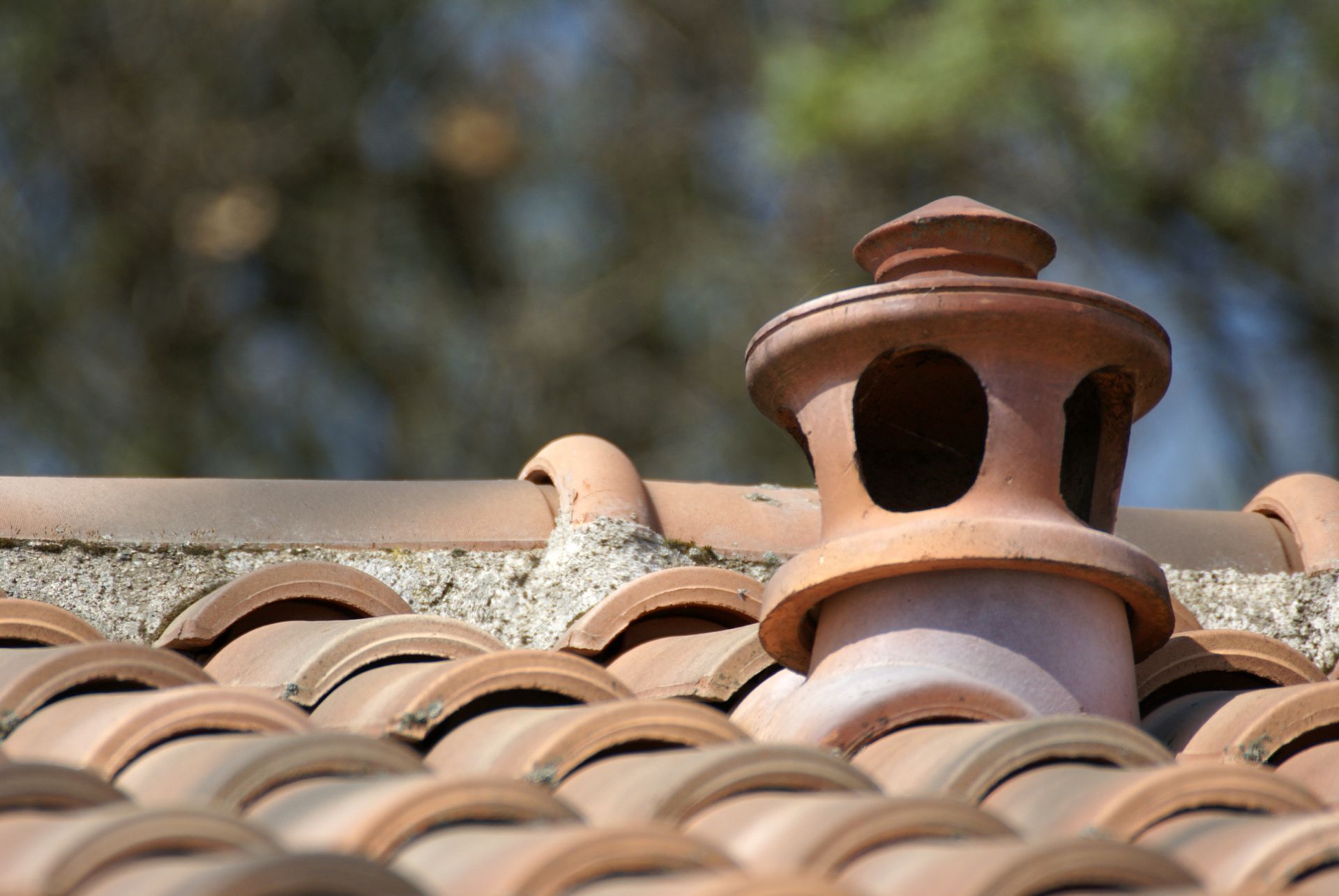 Une tuile d'extraction en terre cuite repose sur une toiture en tuiles, incurvée et patinée, sur un fond extérieur flou.