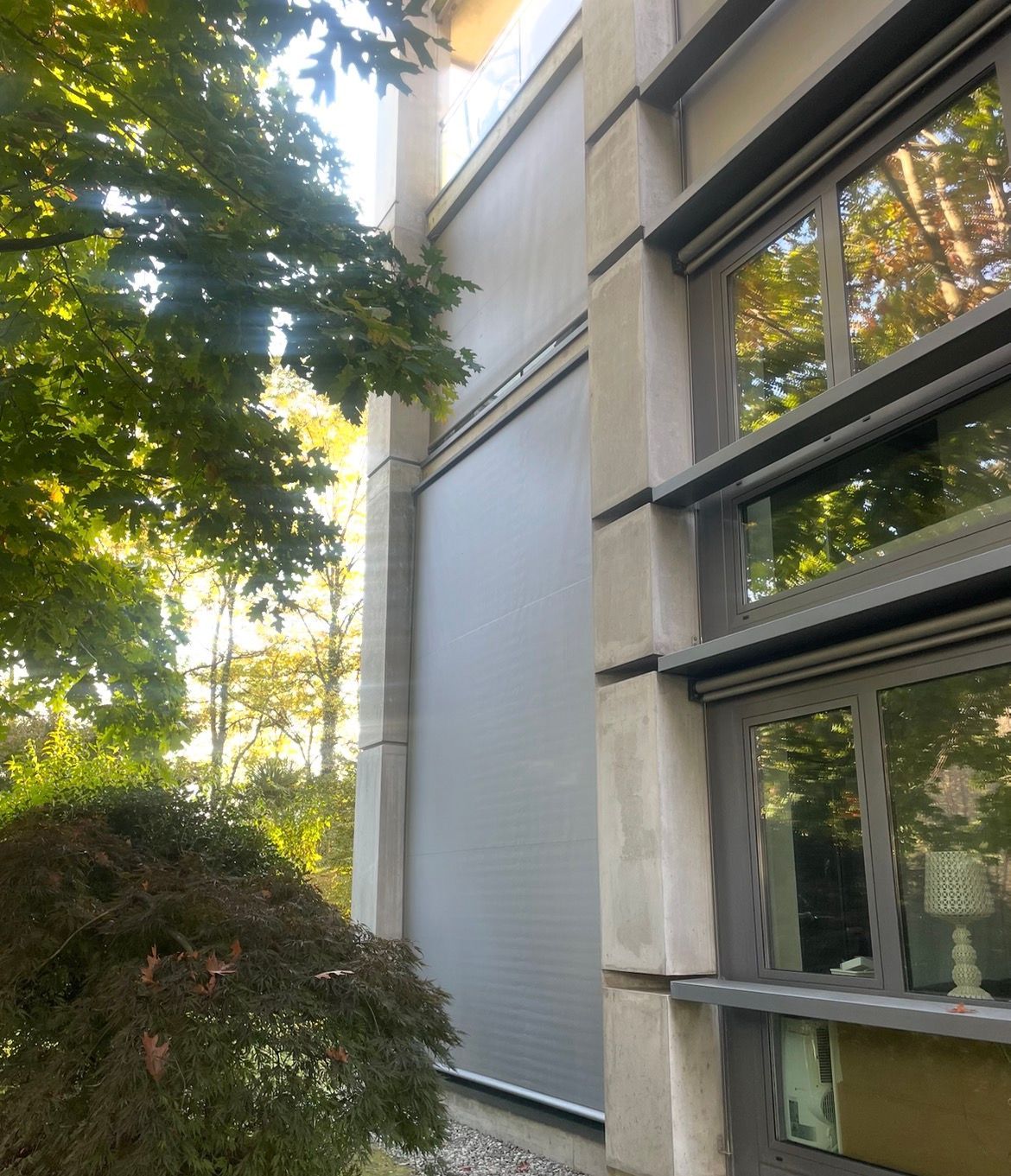 Vista esterna di un edificio caratterizzato da una grande serranda di sicurezza avvolgibile grigia, accanto a una parete finestrata e a un albero frondoso.