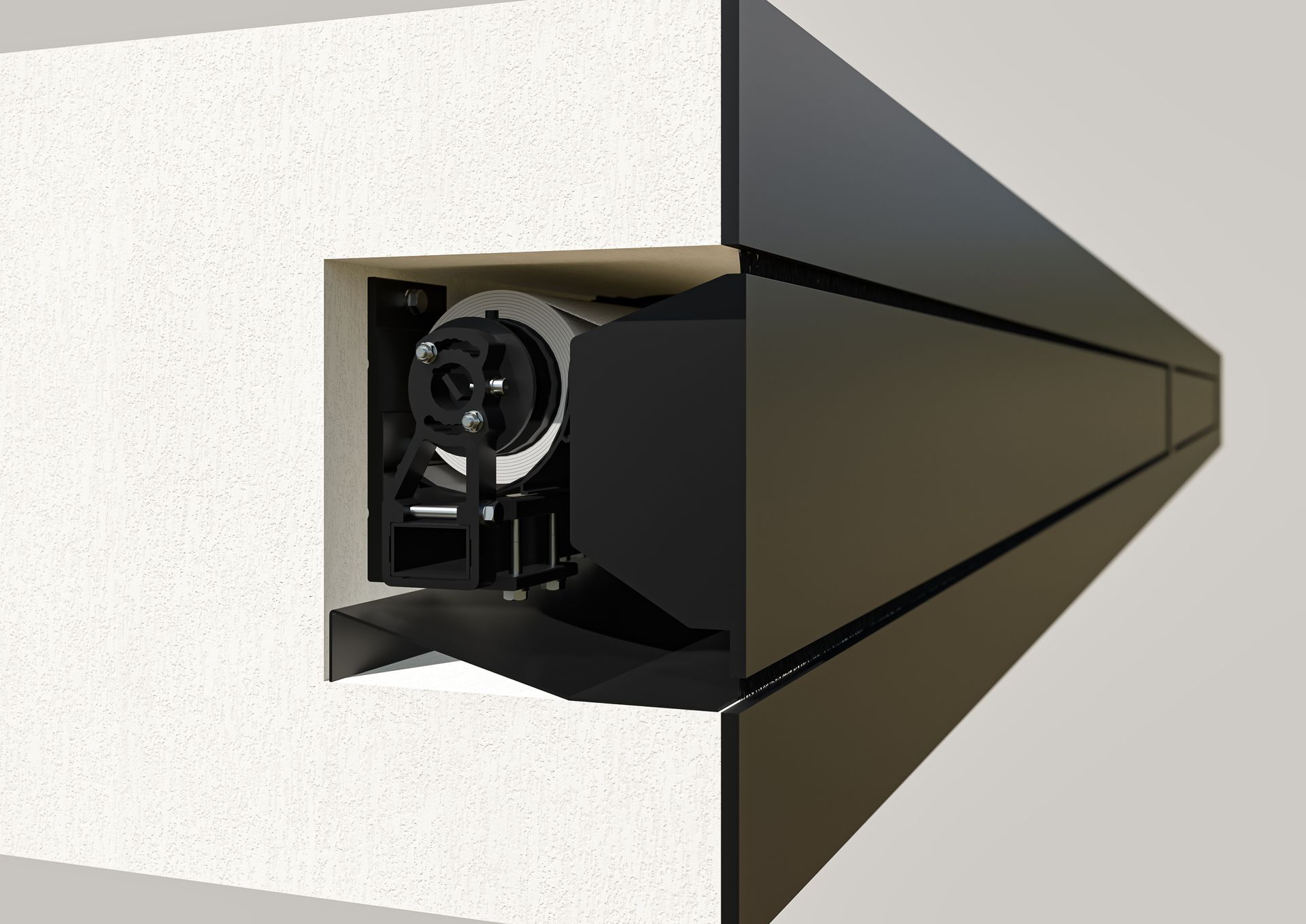 Vista in sezione di un apparecchio di illuminazione architettonica lineare incassato in una parete bianca con finitura texturizzata.